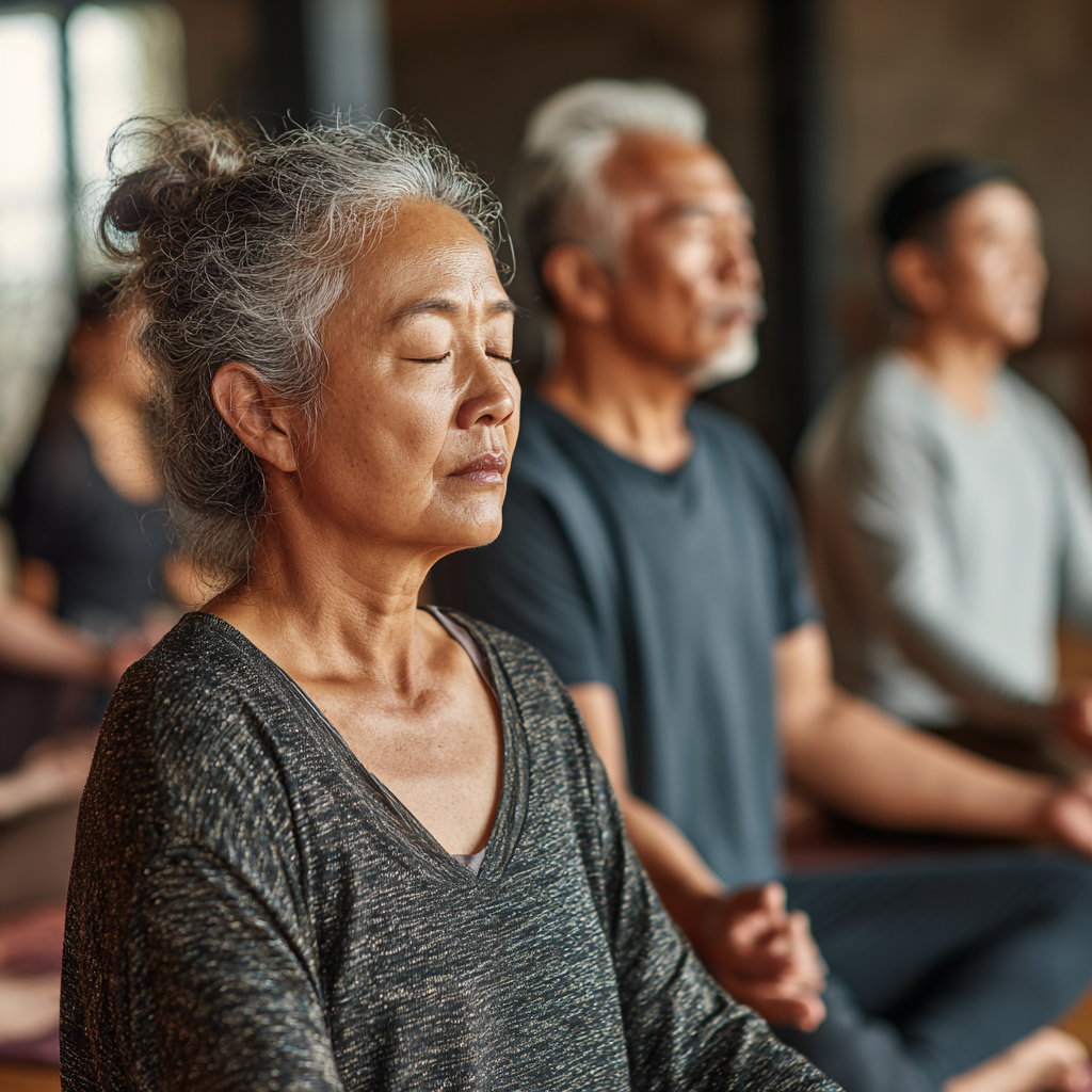 Yosh va keksa Oʻzbek ayollar yoga maydonchasida tinch meditatsiya qilayotgan manzara, yashil jigarrang ranglar ichida osoyishta atmosfera