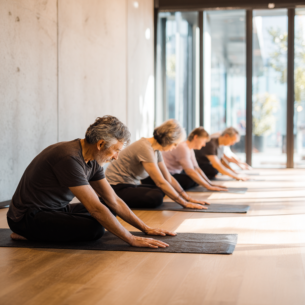 Oʻrta yoshli Oʻzbek erkaklar va ayollar yoga matlarida stressni bartaraf etuvchi mashqlar bilan shugʻullanamoqda, yuzlarida xotirjamlik ifodasi
