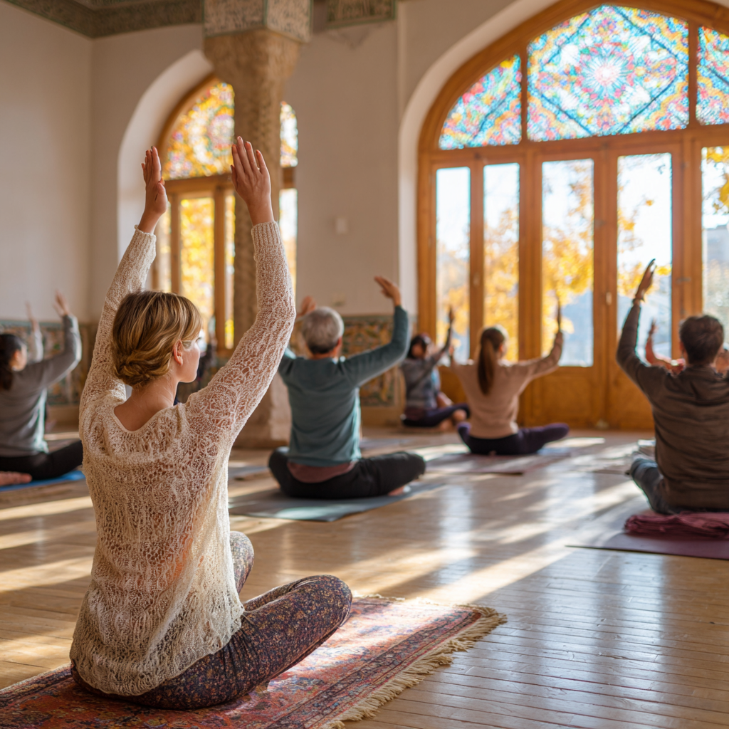 Turli yoshdagi Oʻzbek oilaviy aʼzolar bir-biriga yordam koʻrsatayotgan yoga mashgʻulotlari, muvozanat va hamjihatlik saqlaydigan holat